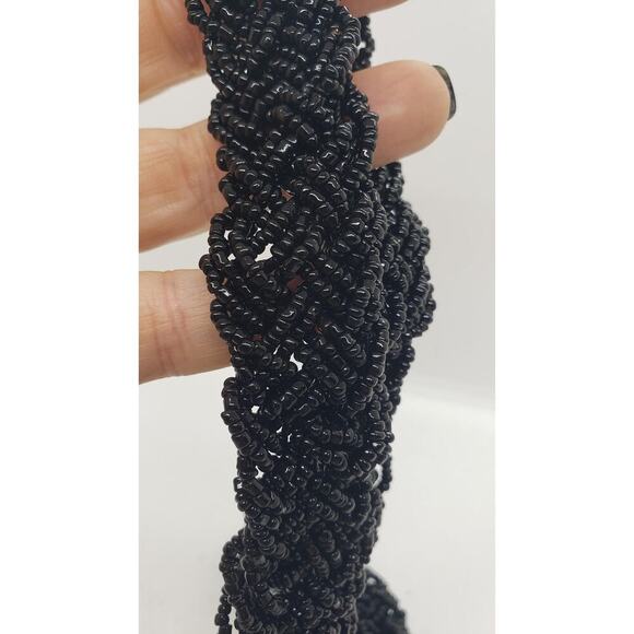 Black Glass Bead Multi Strand Braided Necklace Chunky Wide Twist Collar Choker - Picture 5 of 10